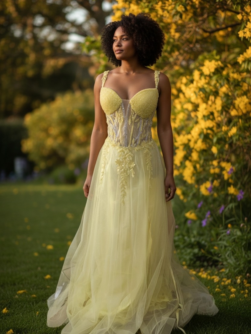 Yellow Beaded Tulle Evening Gown